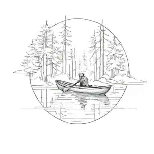 empty kayak, slightly angles towards bottom left, on a calm lake surrounded by trees on all sides tattoo design idea