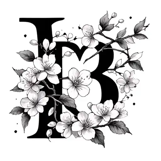 The Letter B with a heart and cherry blossoms tattoo design idea