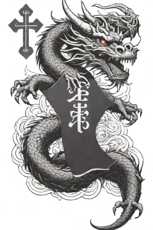 A Chinese dragon holding a Latin cross intertwined tattoo design idea
