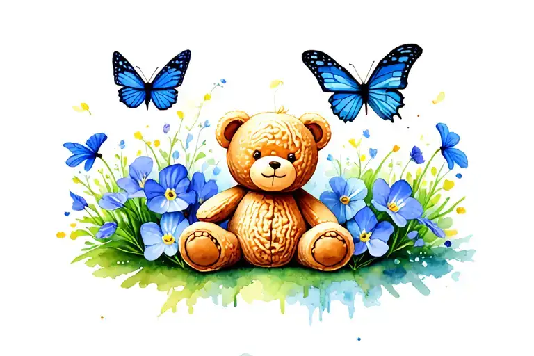 A small cartoon peanut shell sitting next to a teddy bear surrounded by sweet pea flowers and blue butterflies  tattoo design idea