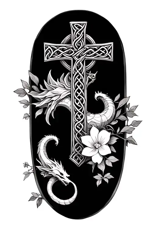 celtic cross with dragon and flowers tattoo design idea