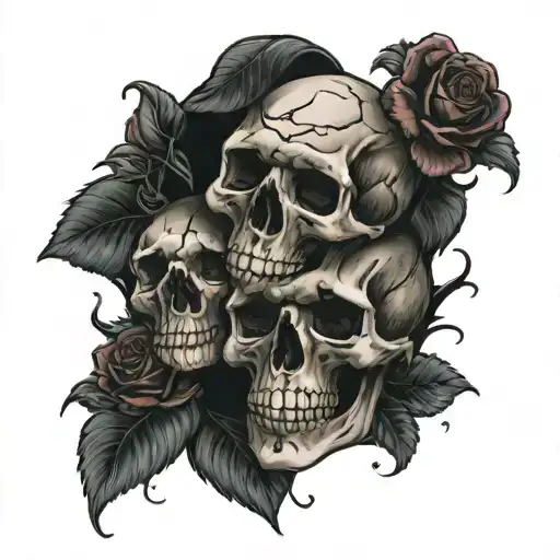 2 skulls with roses, dark and creepy  tattoo design idea