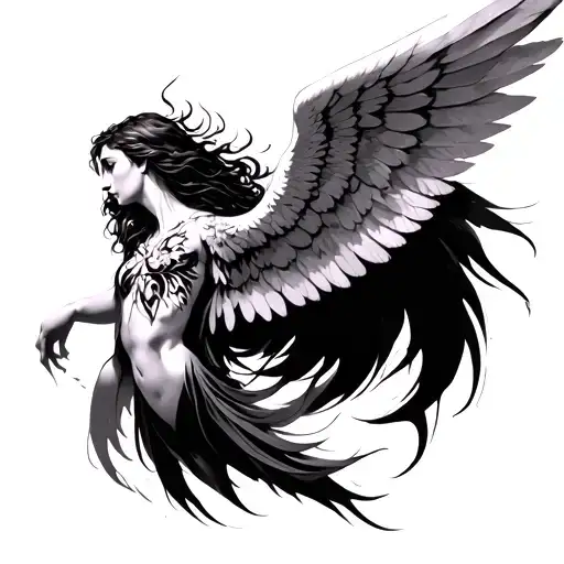Six-winged Seraph angel tattoo on chest in tribal style tattoo design idea