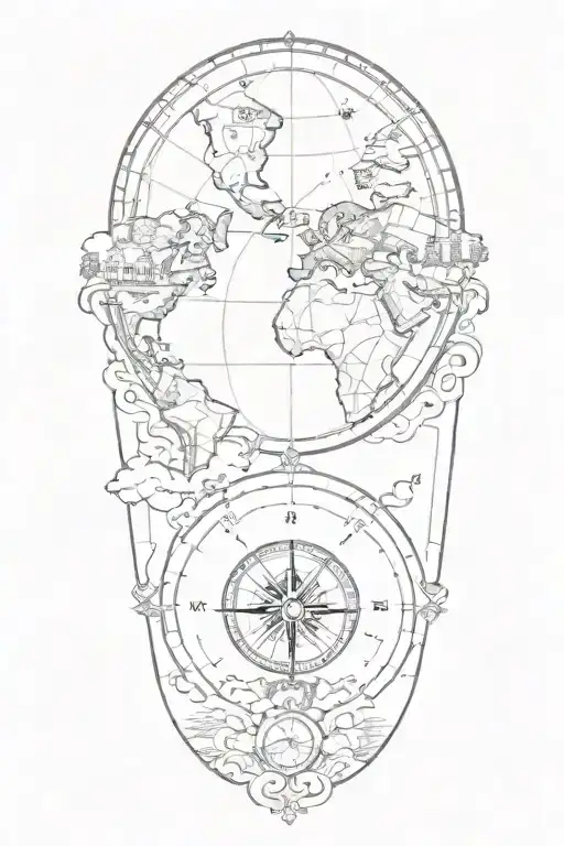 travel inspired tattoo featuring compass, globe and tuscan landscape tattoo design idea