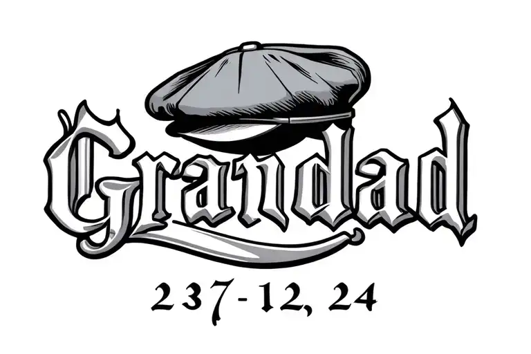 the word grandad with a flat cap on top and 23 12 24 underneath tattoo design idea