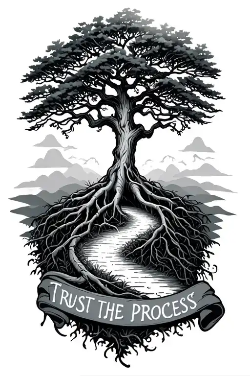 A delicate tree with intertwining roots and branches, featuring a winding path, with the phrase 'Trust the Process'  tattoo design idea