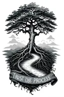 A delicate tree with intertwining roots and branches, featuring a winding path, with the phrase 'Trust the Process'  tattoo design idea
