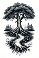 A delicate tree with intertwining roots and branches, featuring a winding path, with the phrase 'Trust the Process'  tattoo design idea