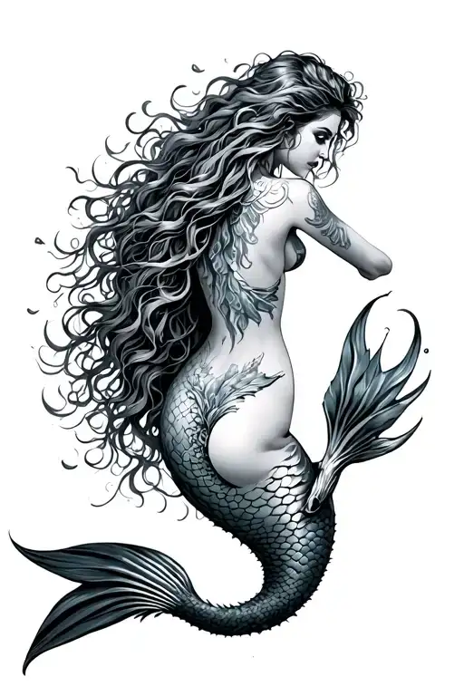 A fierce but gorgeous siren mermaid full body only showing backside, she is swimming and she has a lot of hair flowing tattoo design idea