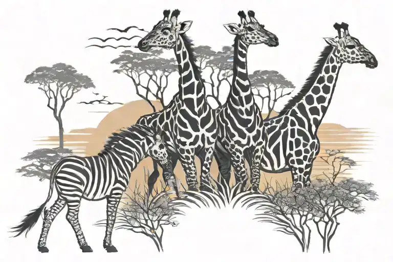 safari sunset. small giraffes. zebras tattoo design idea