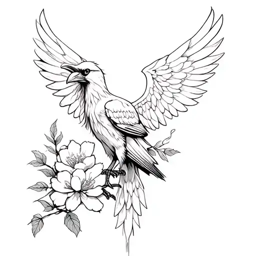 Women's tattoo on the chest Raven with open wings with sakura made of thin lines tattoo design idea