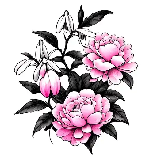 black and white weeping cherry tree, snowdrop flower and peony flower, with a pink breast cancer ribbon tattoo for sleev tattoo design idea