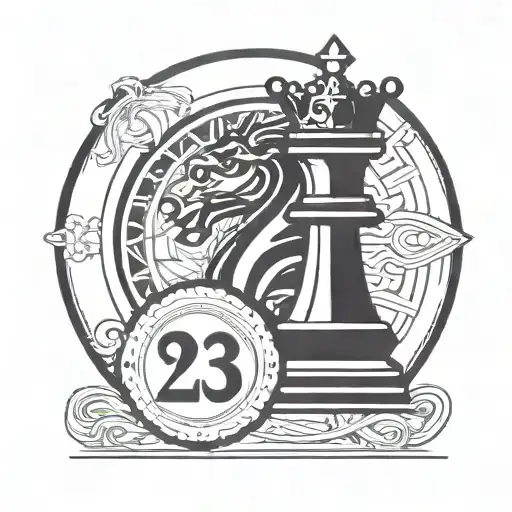 circular tattoo of a king chess piece with the number 23 incorperated into the piece tattoo design idea