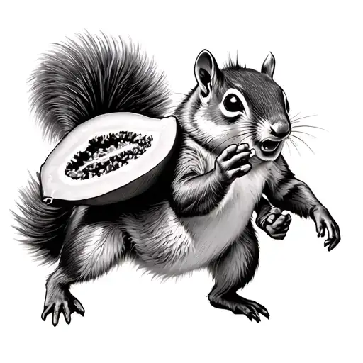 a chipmunk, eating papaya, running from a squirrel on steriods tattoo design idea