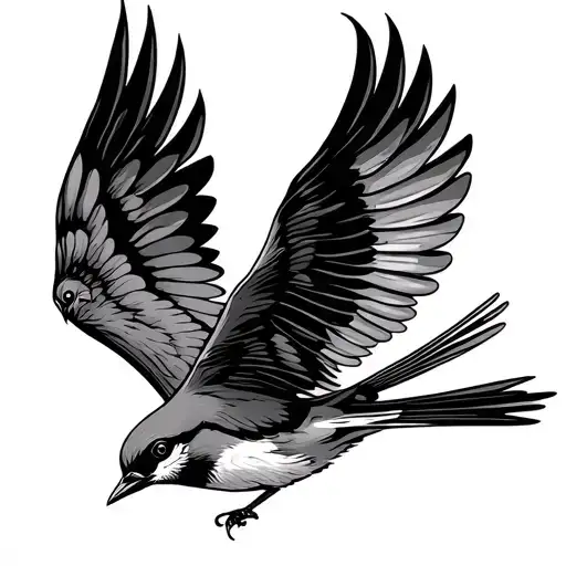 Black and grey style tattoo design of a flying skylark with both wings outstretched, in a beautiful, dotted style  tattoo design idea