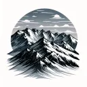winter mountain range silhouette vector, span entire image horizontally, 10.81inx11.24in, fill page, straight perspectiv tattoo design idea