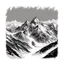 winter mountain range silhouette vector, span entire image horizontally, 10.81inx11.24in, fill page, straight perspectiv tattoo design idea