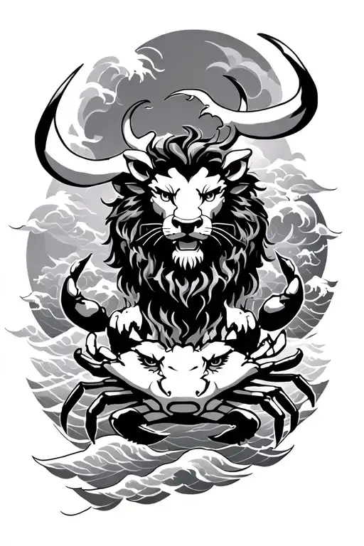 lion & crab & ox tattoo with japanese waves clouds  tattoo design idea