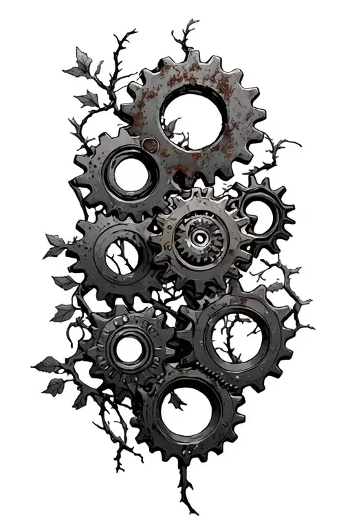 rusty vibe gears, at least 5 and at different sizes, and vines, like old gears have been overgrown with vines tattoo design idea