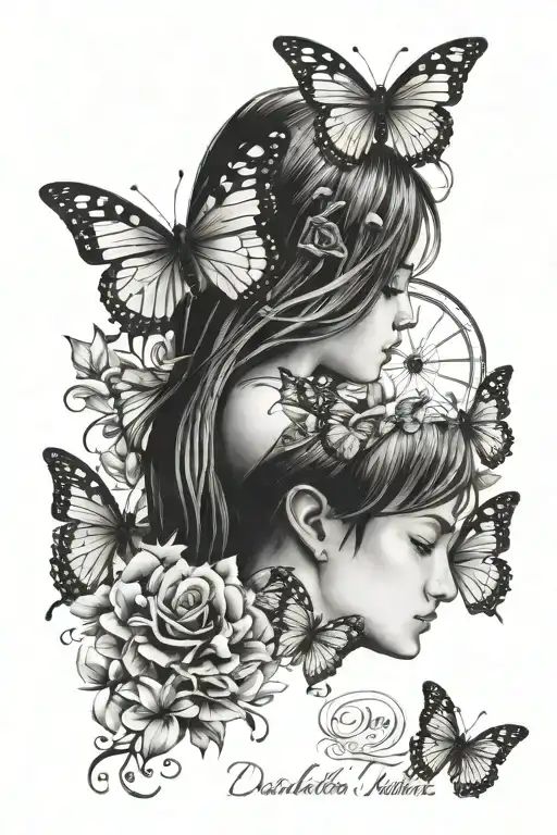 daughter name with time butterflies and father  tattoo design idea