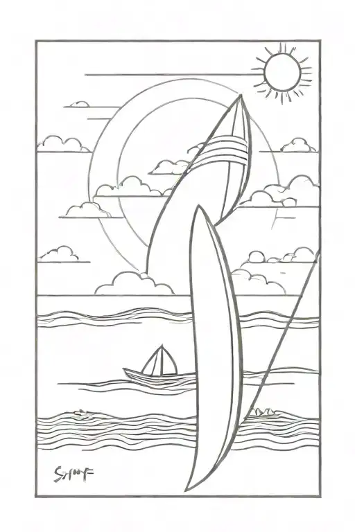 Stamp with sunset, sea, surfboard  tattoo design idea