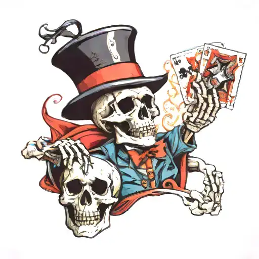 skeleton with magician hat and cards and eight ball  tattoo design idea
