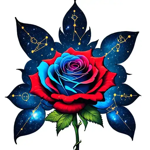 red rose, blue rose, galaxy, zodiac constellations tattoo design idea