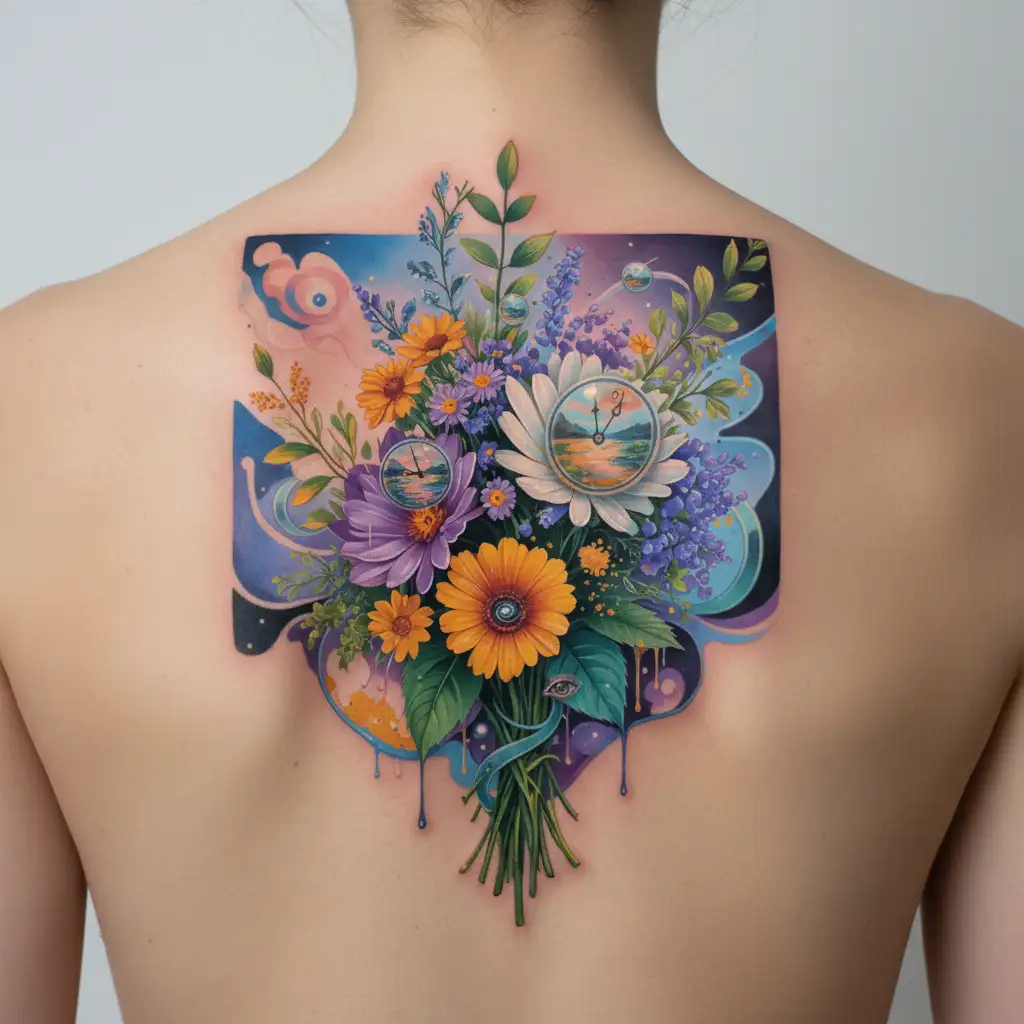 August, July. September birth flower bouquet tattoo design idea