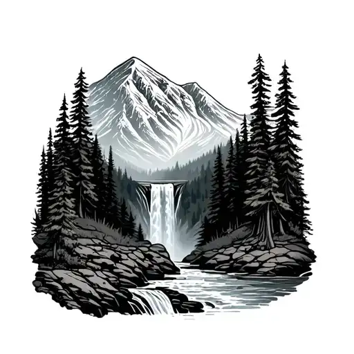snow top mountain and waterfall with forest landscape tattoo design idea