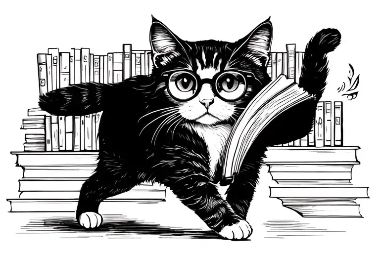 A cat with glasses on walking and holding a book, library background tattoo design idea