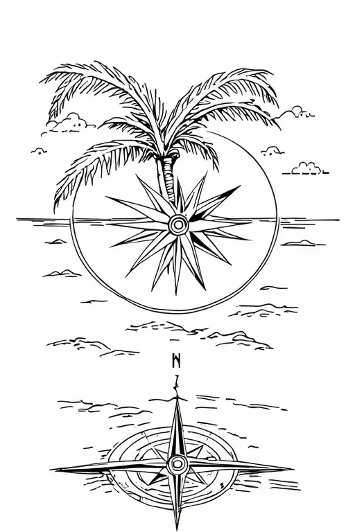a compass next palm tree on beach sunset tattoo design idea