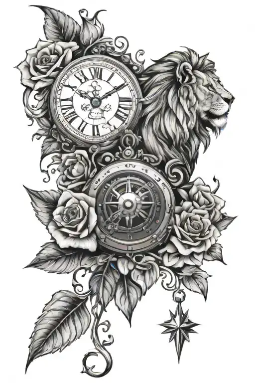 roses, lion, compass, clock and heart tattoo design idea