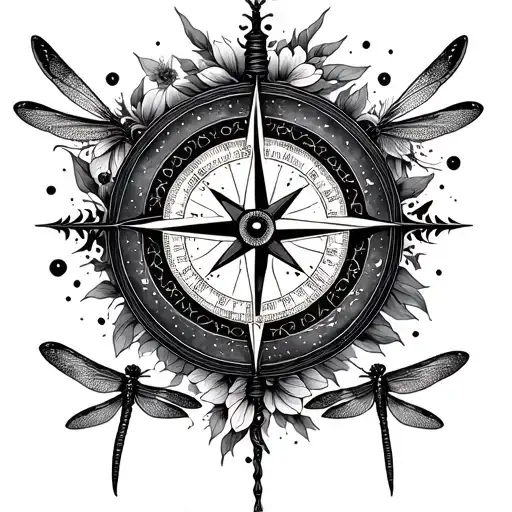 Compass, Dragonflies, and Celestial Botanicals tattoo design idea