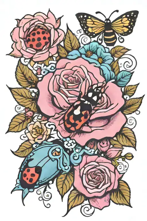pink rose, blue rose, ladybug flying around the flowers, the name "Susan" somewhere in it tattoo design idea