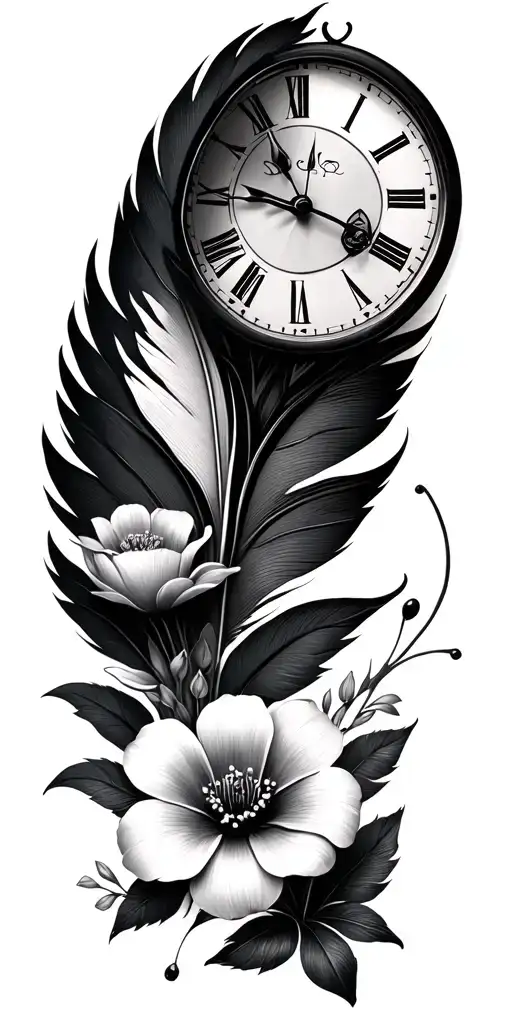 feather, clock, flowers tattoo design idea