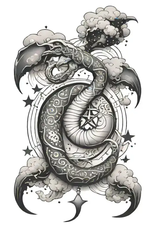 big feminine cancer zodiac sign with clouds and shading and stars tattoo design idea