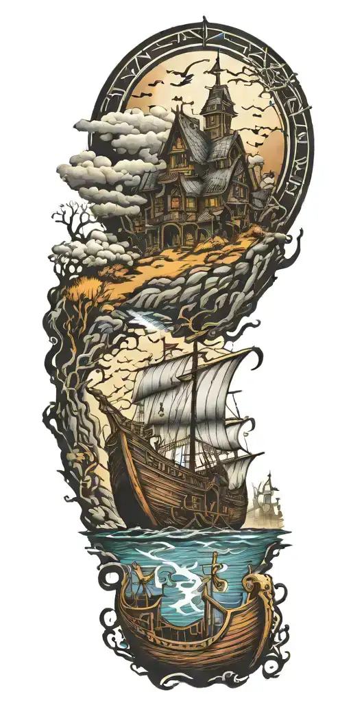 cemetary haunted house viking ship tattoo design idea