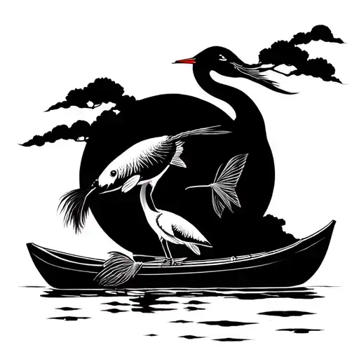 Japanese cherry blossom, crane, coy fish, row boat tattoo design idea