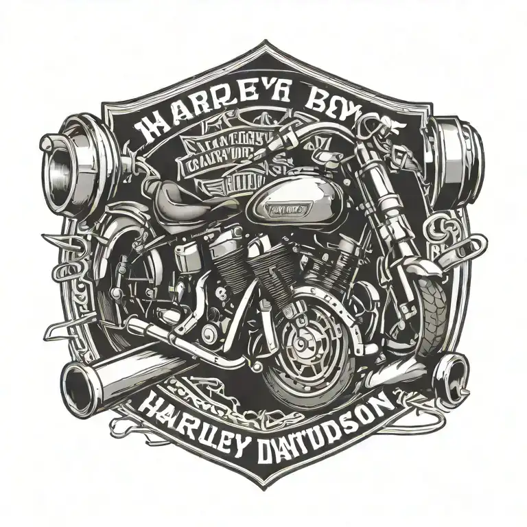 Combine elements of a Harley Davidson logo with a carpenter's hammer and nails in a blackwork style, representing your dual passions in a unique and artistic way. tattoo design idea