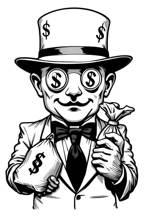 monopoly man with dollar signs in his eyes holding a money bag tattoo design idea