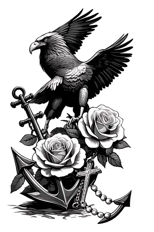 an eagle standing on an anchor 3 big blooming roses and a rosary necklace with a cross at the bottom tattoo design idea