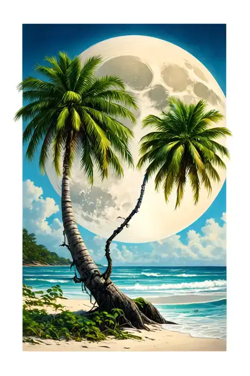 palmetto tree on beach with crest moon tattoo design idea