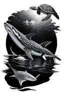 ocean landscape tattoo featuring whale shark, sea turtle and manta ray tattoo design idea