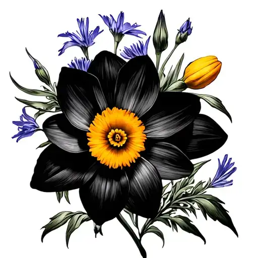 daffodil, larkspur, and aster flower tattoo design idea