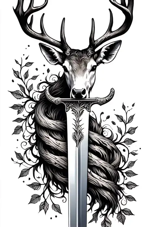 long sword wrapped masculine deer head handle small leaves running vines tattoo design idea