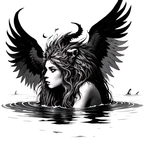 girl drowning, anxiety, lions, phoenix, demon tattoo design idea