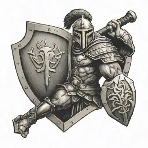 gladiator holding hammer and shield tattoo design idea