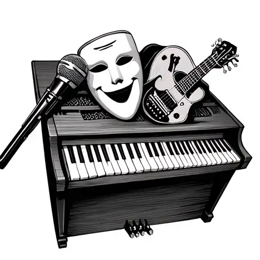 piano keys ,theater mask ,microphone,guitar keys ,dance shoes tattoo design idea