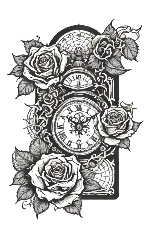 clock and cards and roses tattoo design idea
