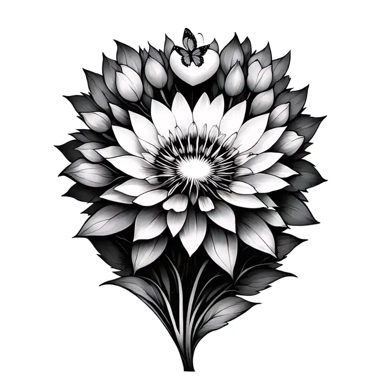 Dandelion flower, lotus flower, heart, butterfly, mandala tattoo design idea